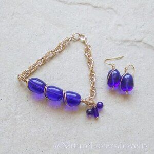 Cobalt Blue & Gold Chain Set - Chunky Bracelet & Earrings - Casual & Trendy!